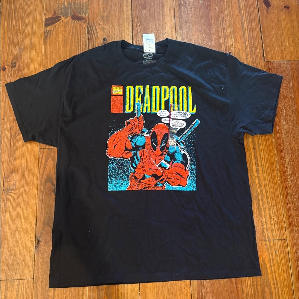 Marvel Deadpool Comic Graphic Tee - Black with Red, Blue & Yellow